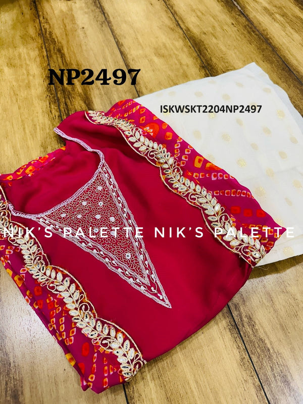 Kota Chanderi Self Zari Weaving Skirt With Bandhani Printed Georgette Shrug And Crop Top-ISKWSKT2204NP2497