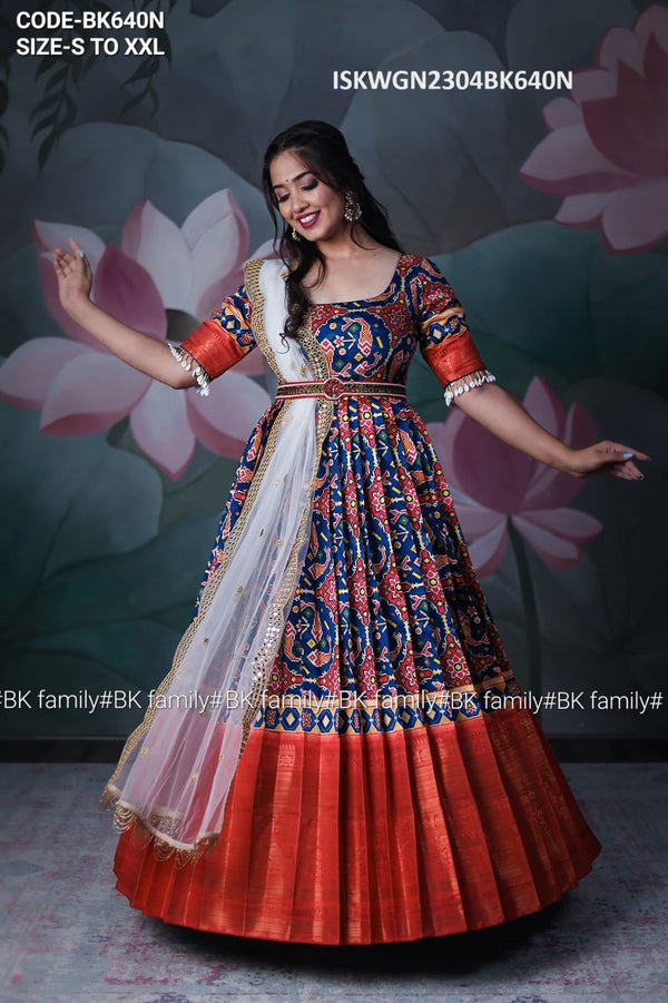 Patola Printed Banarasi Weaving Silk Gown With Net Dupatta-ISKWGN2304BK640N