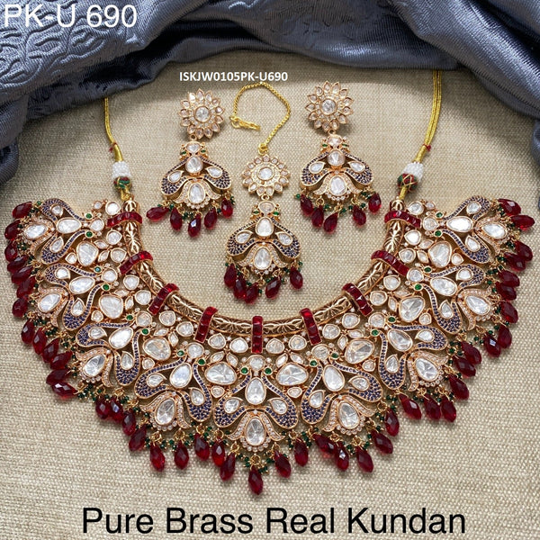 Pure Brass Real Kundan Necklace Set-ISKJW0105PK-U690