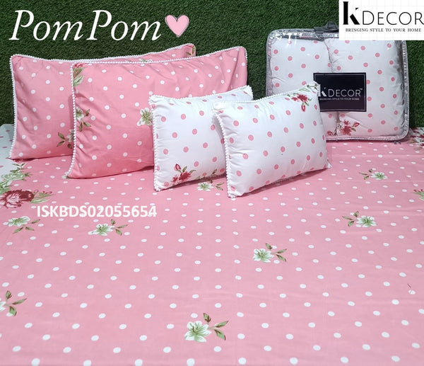 Printed Cotton Double Bedsheet With Pillow Cover And Cushion Set-ISKBDS02055654