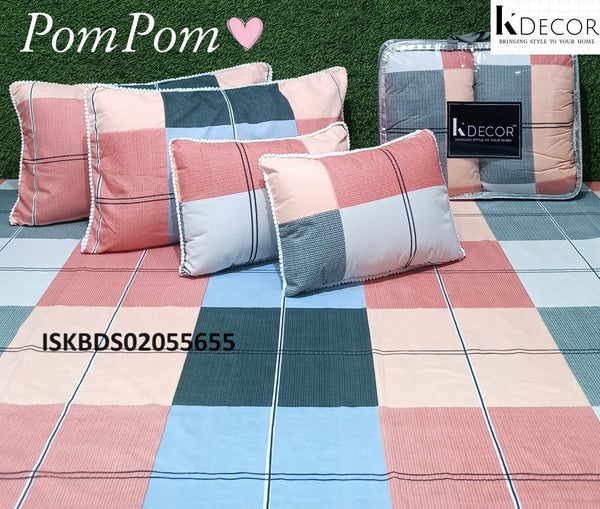 Printed Cotton Double Bedsheet With Pillow Cover And Cushion Set-ISKBDS02055655
