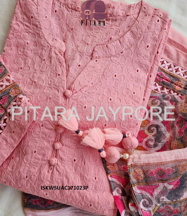 Cotton Schiffli Chikankari Kurti With Pant And Hand Block Printed Kota Doriya Dupatta-ISKWSUAC171023P