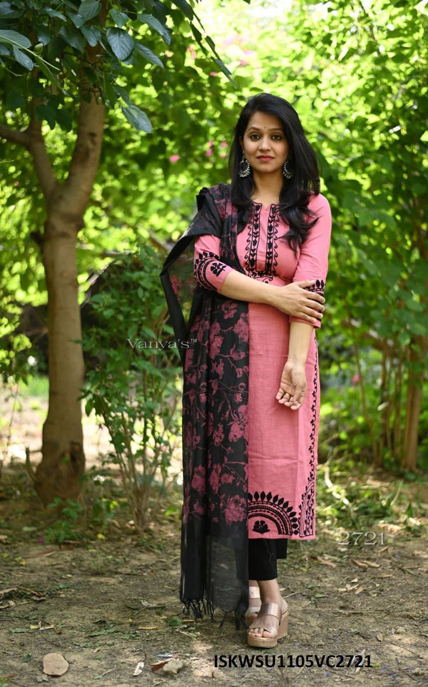 Handloom Cotton Kurti With Pant And Digital Printed Chanderi Dupatta-ISKWSU1105VC2721