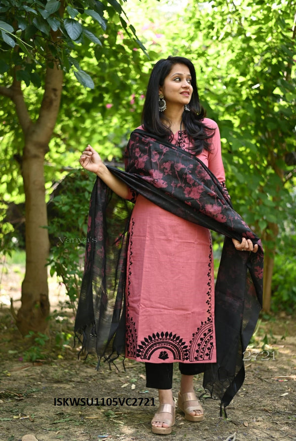 Handloom Cotton Kurti With Pant And Digital Printed Chanderi Dupatta-ISKWSU1105VC2721
