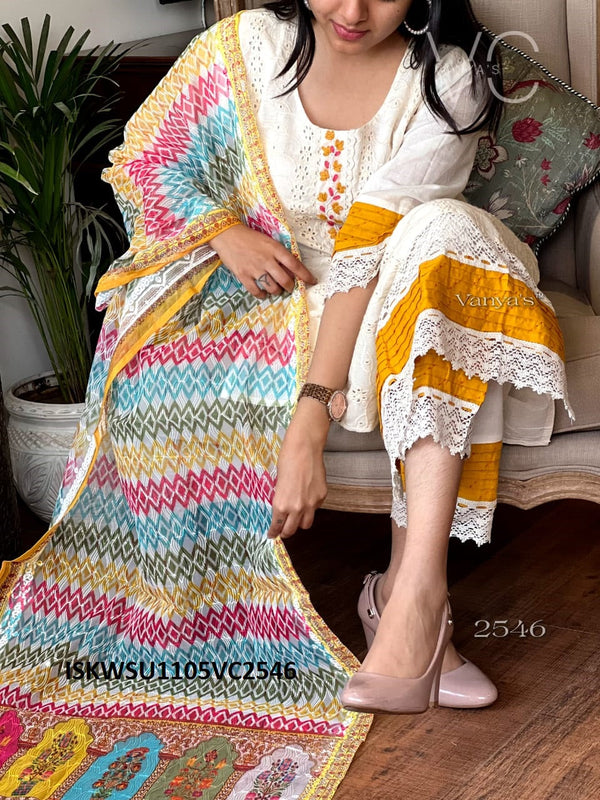 Cotton Schiffli Kurti With Pant And Self Weaving Organza Dupatta-ISKWSU1105VC2546