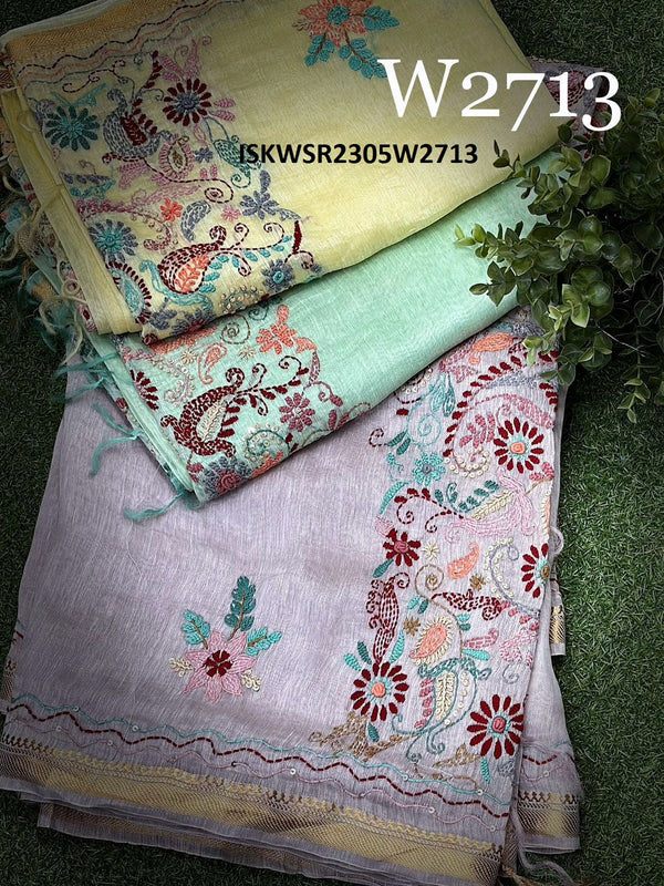 Embroidered Linen Saree With Hand Woven Blouse-ISKWSR2305W2713