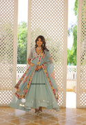 Embroidered Georgette Gown With Digital Printed Silk Dupatta-ISKWGN2305LW-9180