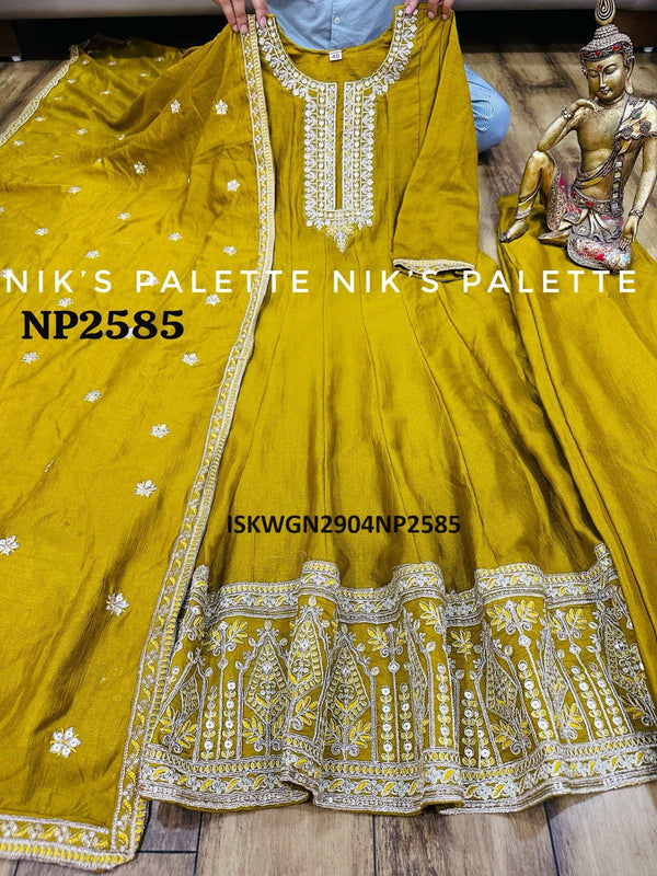 Embroidered Silk Gown With Dupatta-ISKWGN2904NP2585