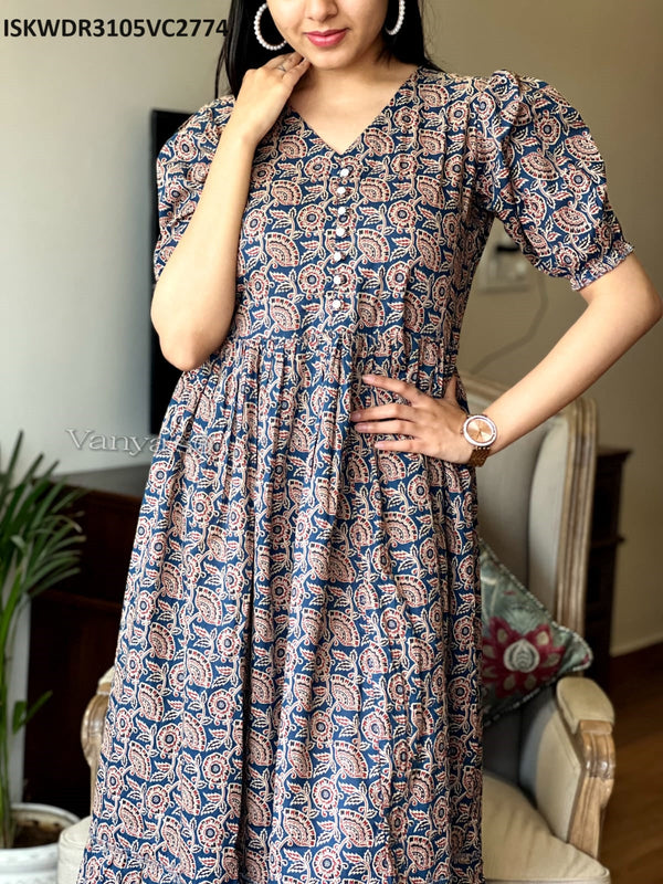 Hand Block Printed Cotton Dress-ISKWDR3105VC2774