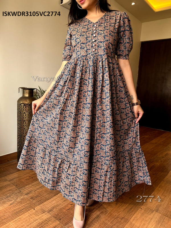 Hand Block Printed Cotton Dress-ISKWDR3105VC2774