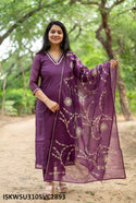 Embroidered Kota Doriya Silk Kurti With Pant And Dupatta-ISKWSU3105VC2893