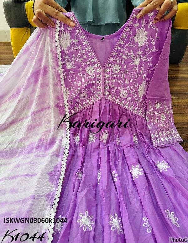 Malmal Cotton Gown With Tie And Dye Printed Chiffon Dupatta-ISKWGN03060k1044