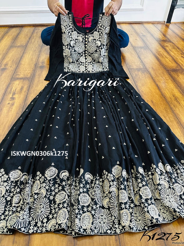 Embroidered Silk Padded Gown With Dupatta-ISKWGN0306k1275