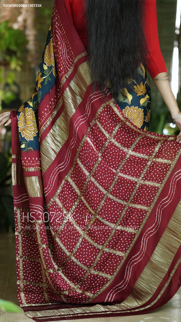 Bandhani Kalamkari Printed Gaji Silk Saree With Blouse-ISKWSR0306HS3072SK
