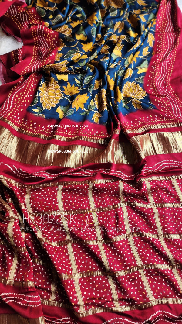 Bandhani Kalamkari Printed Gaji Silk Saree With Blouse-ISKWSR0306HS3072SK