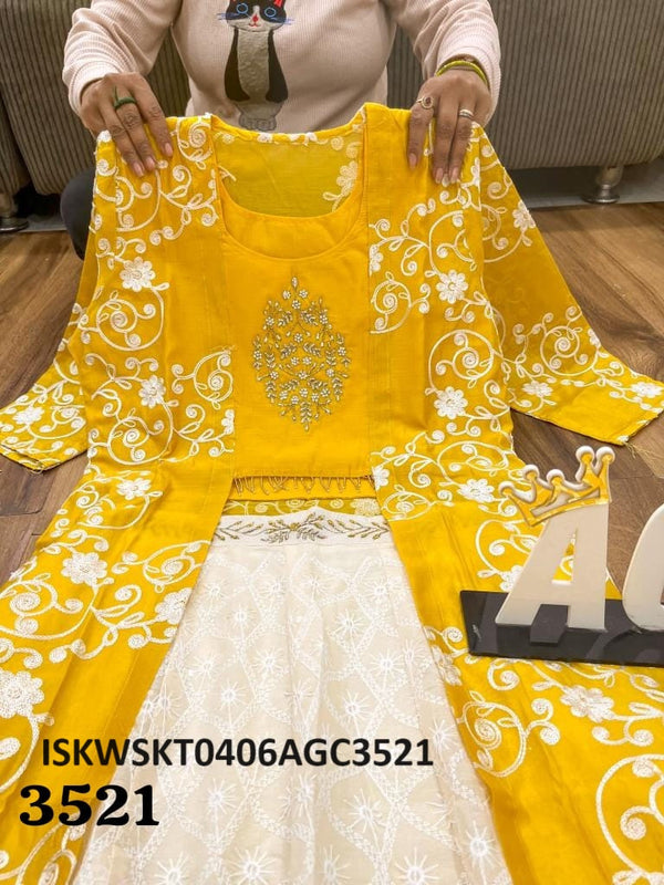 Cotton Schiffli Skirt With Crop Top And Embroidered Chanderi Cotton Shrug-ISKWSKT0406AGC3521