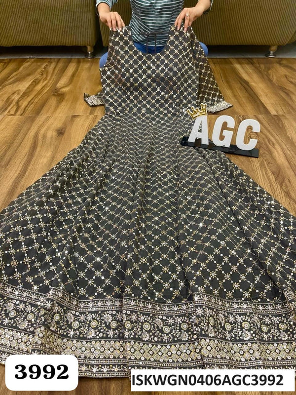 Embroidered Georgette Gown With Dupatta-ISKWGN0406AGC3992