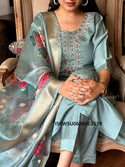 Embroidered Silk Kurti With Pant And Digital Printed Chanderi Dupatta-ISKWSU0606VC3139