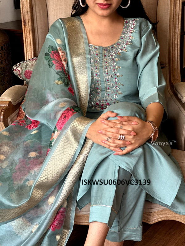 Embroidered Silk Kurti With Pant And Digital Printed Chanderi Dupatta-ISKWSU0606VC3139