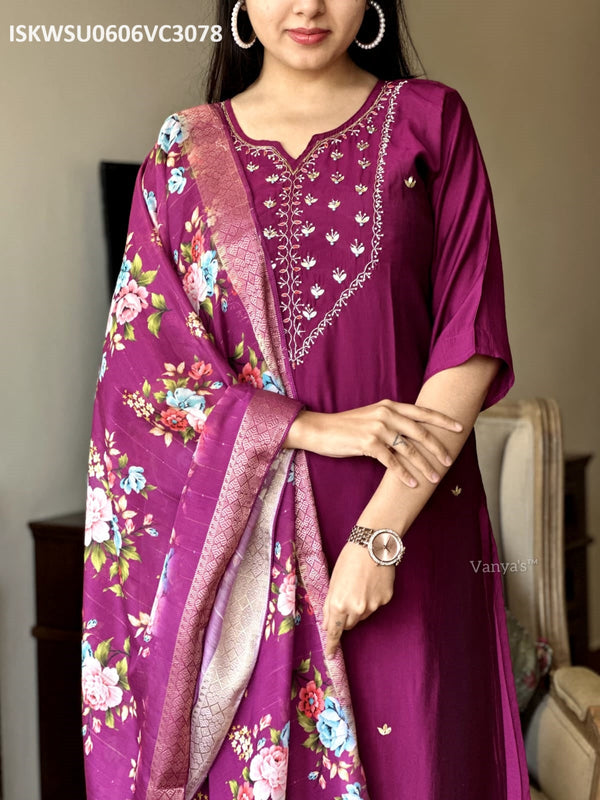 Silk Kurti With Pant And Digital Printed Chanderi Dupatta-ISKWSU0606VC3078