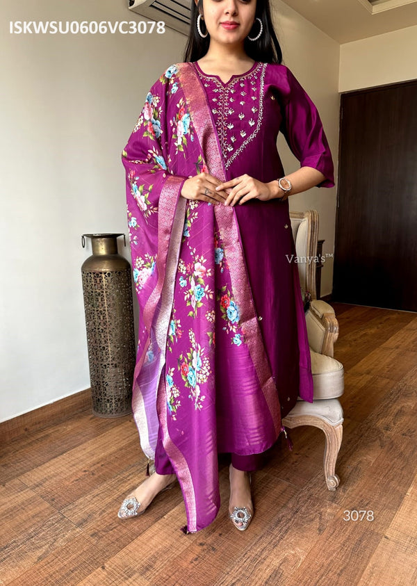 Silk Kurti With Pant And Digital Printed Chanderi Dupatta-ISKWSU0606VC3078