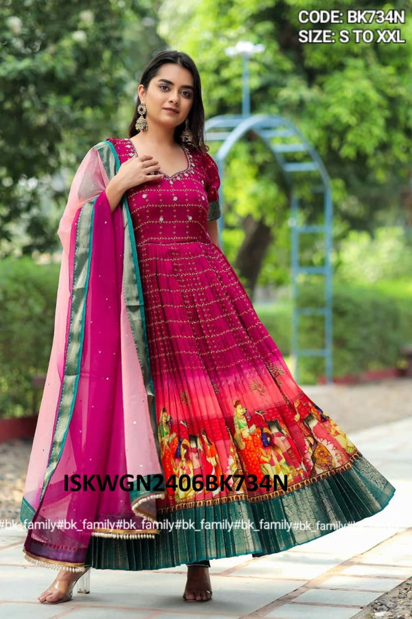 Printed Banarasi Silk Gown With Organza DupattISKWGN2406BK734N