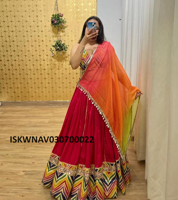 Sequined Cotton Lehenga With Blouse And Printed Georgette Dupatta-ISKWNAV030700022
