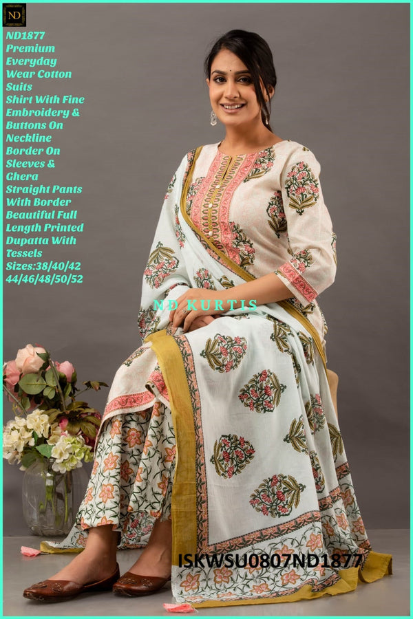 Printed Cotton Kurti With Pant And Dupatta-ISKWSU0807ND1877