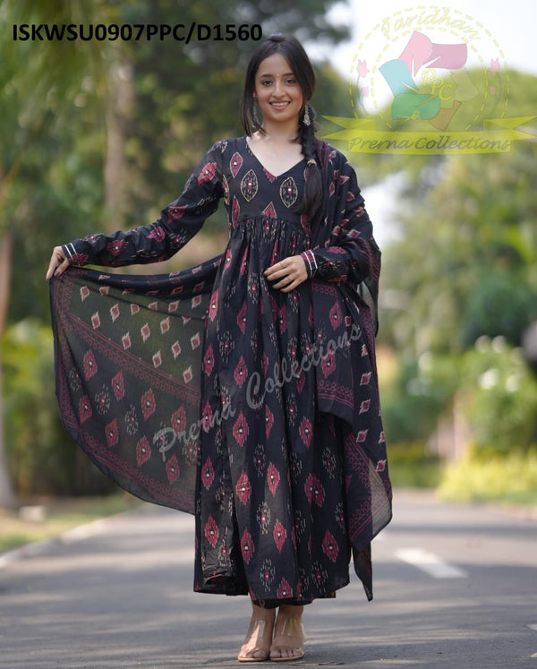 Ikkat Printed Cotton Anarkali Kurti With Pant And Malmal Cotton Dupatta-ISKWSU0907PPC/D1560