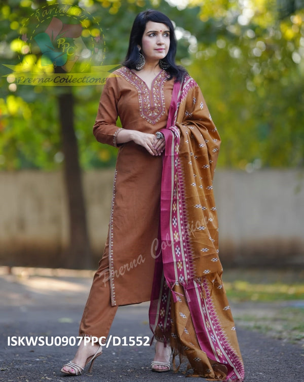 Handloom Cotton Kurti With Pant And Ikkat Printed Khadi Silk Dupatta-ISKWSU0907PPC/D1552