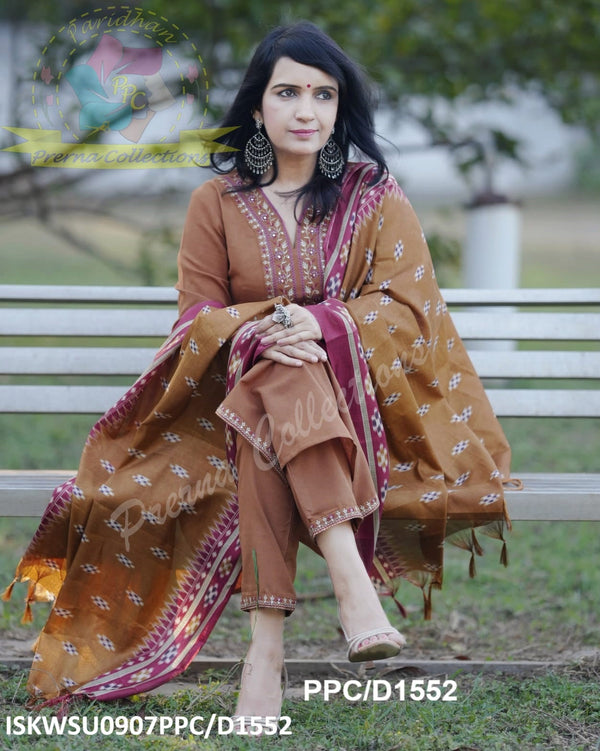 Handloom Cotton Kurti With Pant And Ikkat Printed Khadi Silk Dupatta-ISKWSU0907PPC/D1552