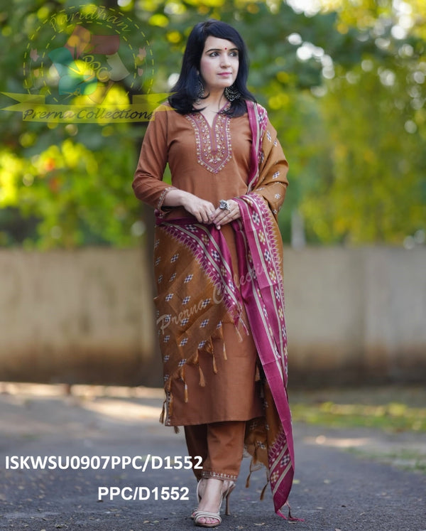 Handloom Cotton Kurti With Pant And Ikkat Printed Khadi Silk Dupatta-ISKWSU0907PPC/D1552