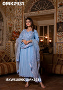 Embroidered Cotton Kurti With Pant And Printed Organza Dupatta -ISKWSU0907OMK2931