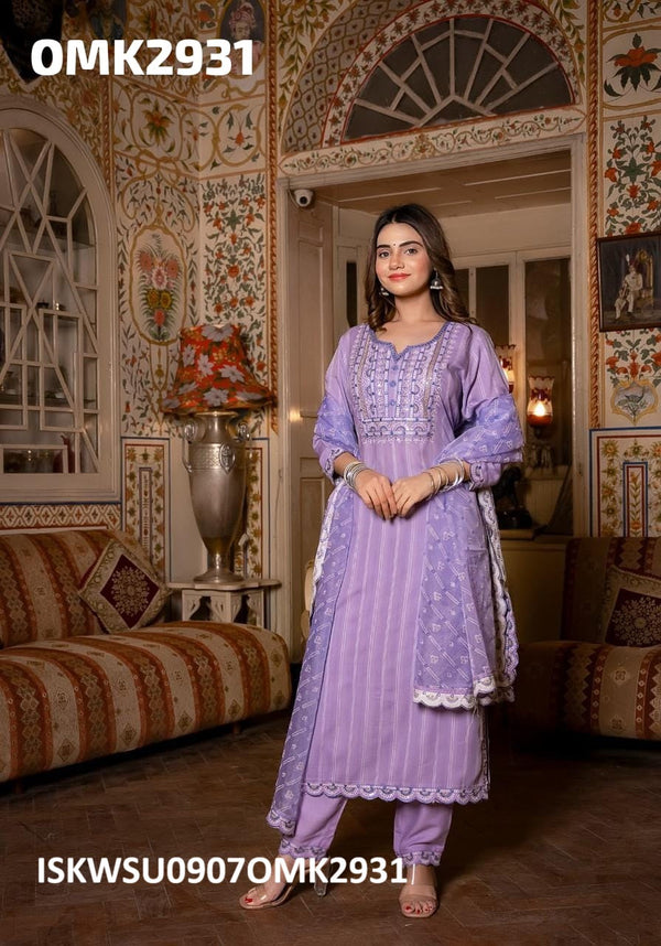 Embroidered Cotton Kurti With Pant And Printed Organza Dupatta -ISKWSU0907OMK2931