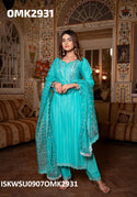 Embroidered Cotton Kurti With Pant And Printed Organza Dupatta -ISKWSU0907OMK2931