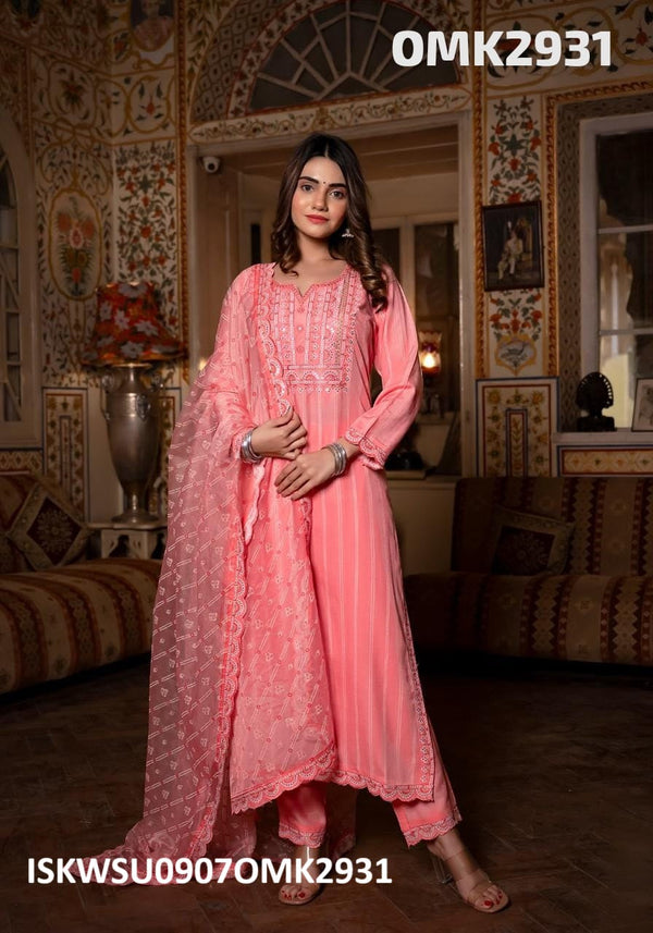 Embroidered Cotton Kurti With Pant And Printed Organza Dupatta -ISKWSU0907OMK2931