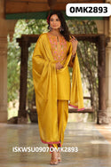 Embroidered Cotton Kurti With Pant And Chiffon Dupatta-ISKWSU0907OMK2893