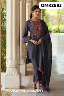 Embroidered Cotton Kurti With Pant And Chiffon Dupatta-ISKWSU0907OMK2893