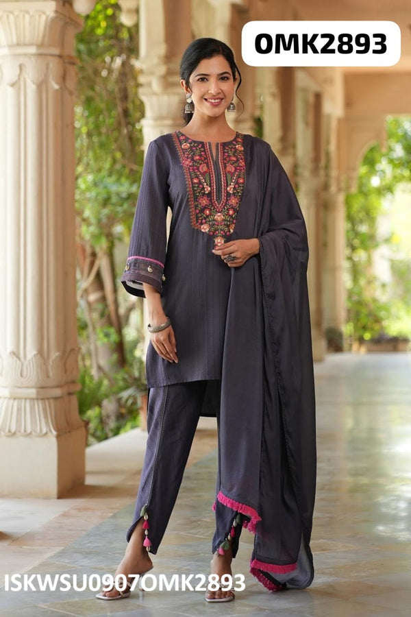 Embroidered Cotton Kurti With Pant And Chiffon Dupatta-ISKWSU0907OMK2893