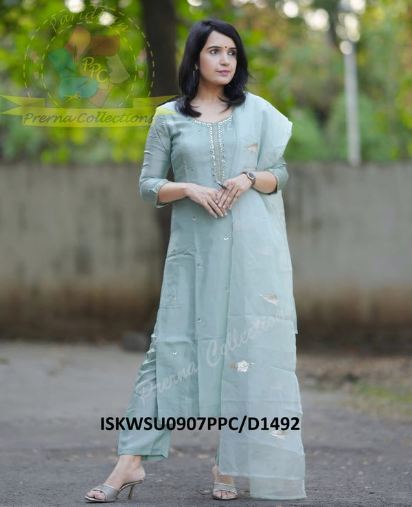 Embroidered Silk Kurti With Cotton Silk Pant And Organza Dupatta-ISKWSU0907PPC/D1492