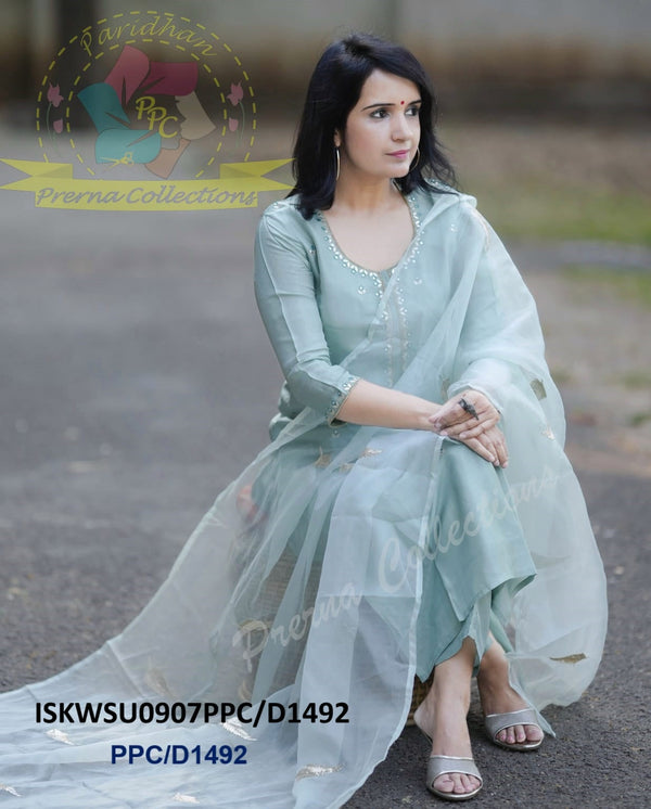 Embroidered Silk Kurti With Cotton Silk Pant And Organza Dupatta-ISKWSU0907PPC/D1492