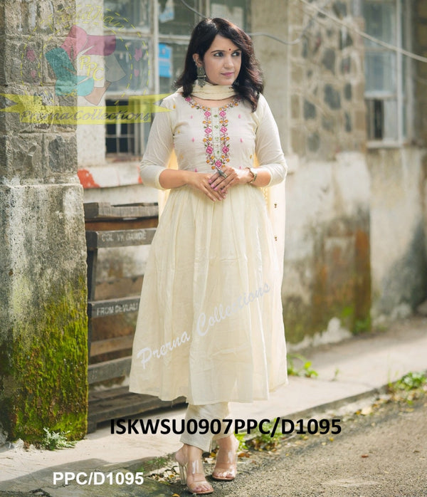 Embroidered Malmal Cotton Anarkali Kurti With Pant And Dupatta-ISKWSU0907PPC/D1095