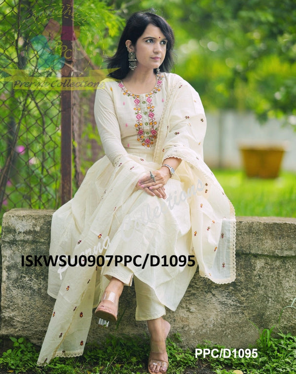 Embroidered Malmal Cotton Anarkali Kurti With Pant And Dupatta-ISKWSU0907PPC/D1095