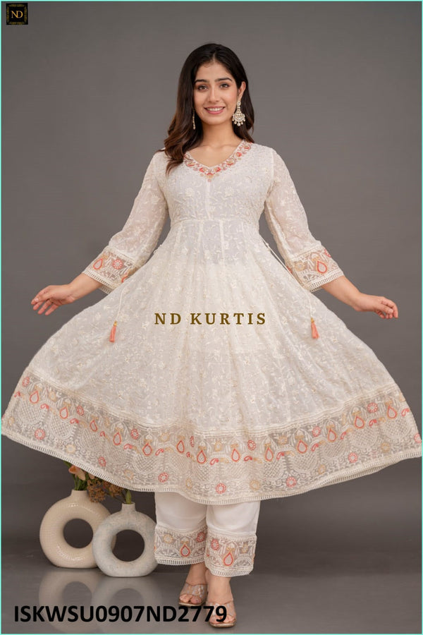 Embroidered Georgette Anarkali Kurti With Palazzo And Dupatta-ISKWSU0907ND2779