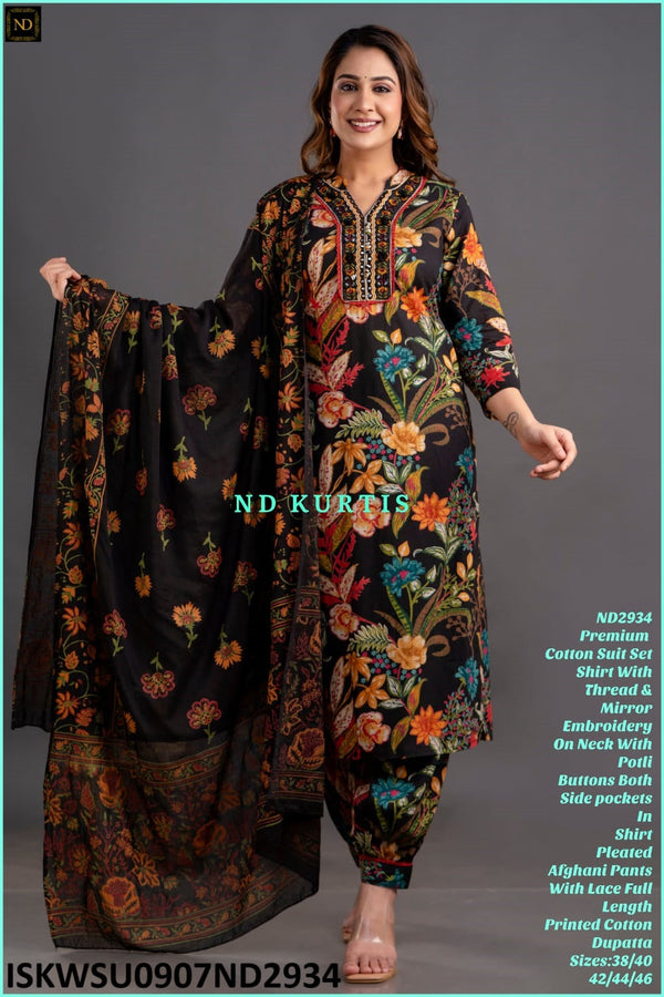 Floral Printed Cotton Kurti With Afghani Pant And Dupatta-ISKWSU0907ND2934/ND2935