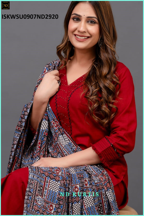 Cotton Kurti With Pant And Ajrakh Printed Dupatta-ISKWSU0907ND2919/ND2920