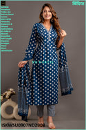 Polka Doted Cotton Kurti With Pant And Dupatta-ISKWSU0907ND2908