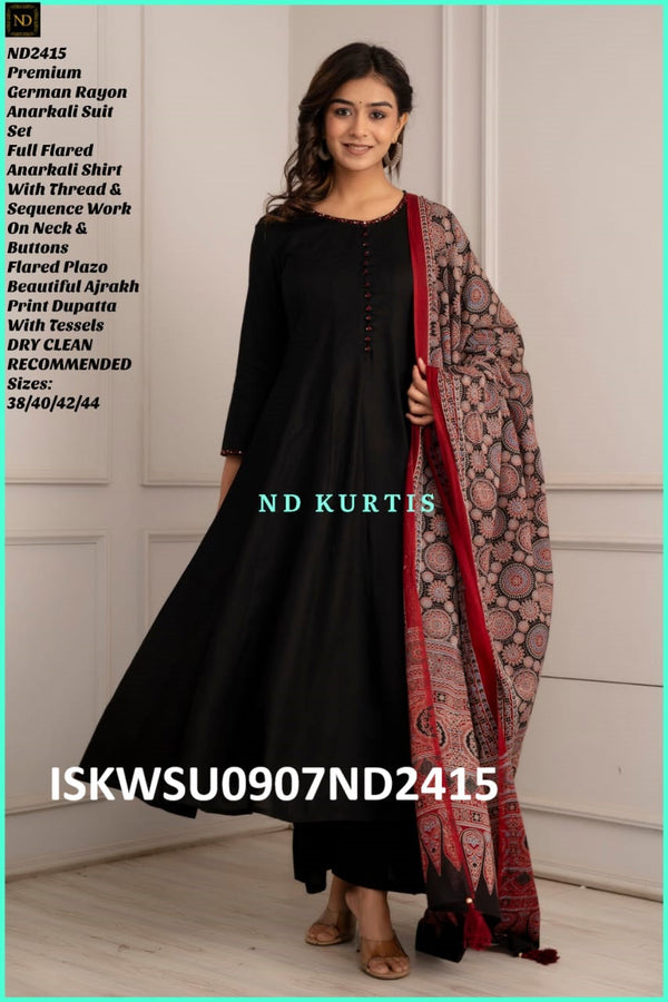 Rayon Anarkali Kurti With Palazzo And Ajrakh Printed Dupatta-ISKWSU0907ND2415