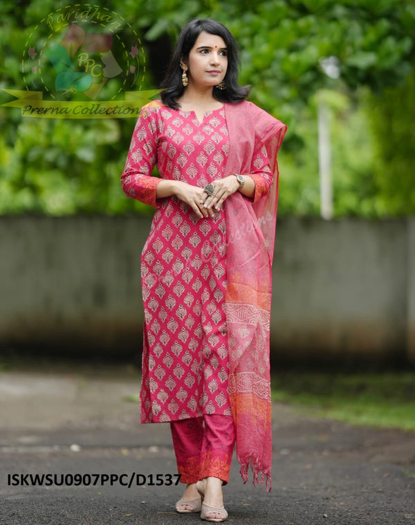 Hand Block Printed Cotton Kurti With Pant And Kota Doriya Dupatta-ISKWSU0907PPC/D1537