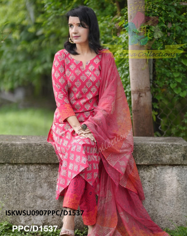 Hand Block Printed Cotton Kurti With Pant And Kota Doriya Dupatta-ISKWSU0907PPC/D1537